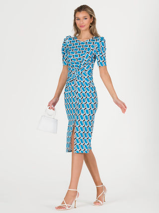 Arica Jersey Puff Sleeve Bodycon Midi Dress, Blue Geo