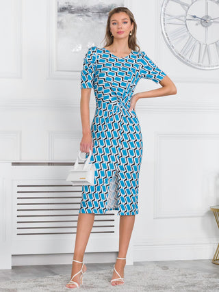 Arica Jersey Puff Sleeve Bodycon Midi Dress, Blue Geo
