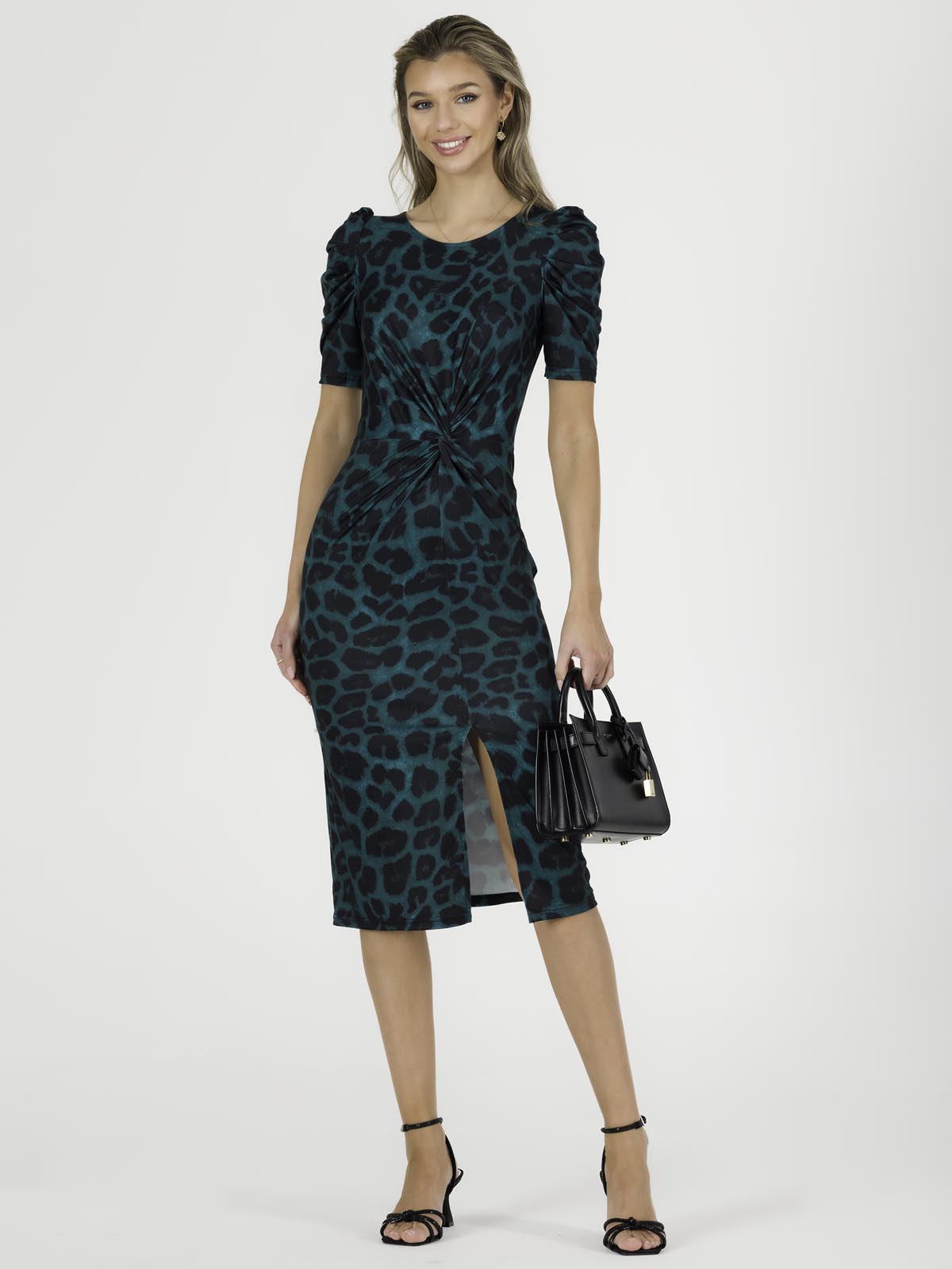 Arica Jersey Puff Sleeve Bodycon Midi Dress, Green Animal