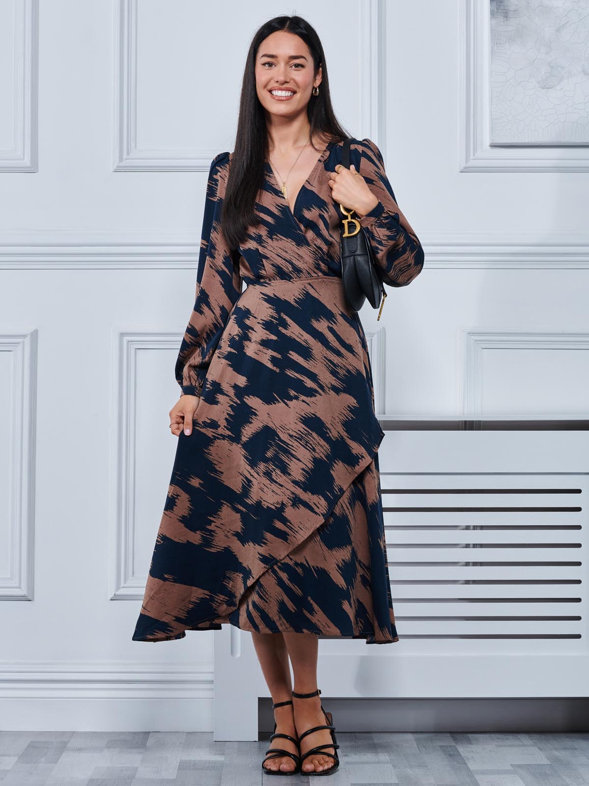 Abstract Print Sleeved Wrap Midi Dress, Abstract Multi