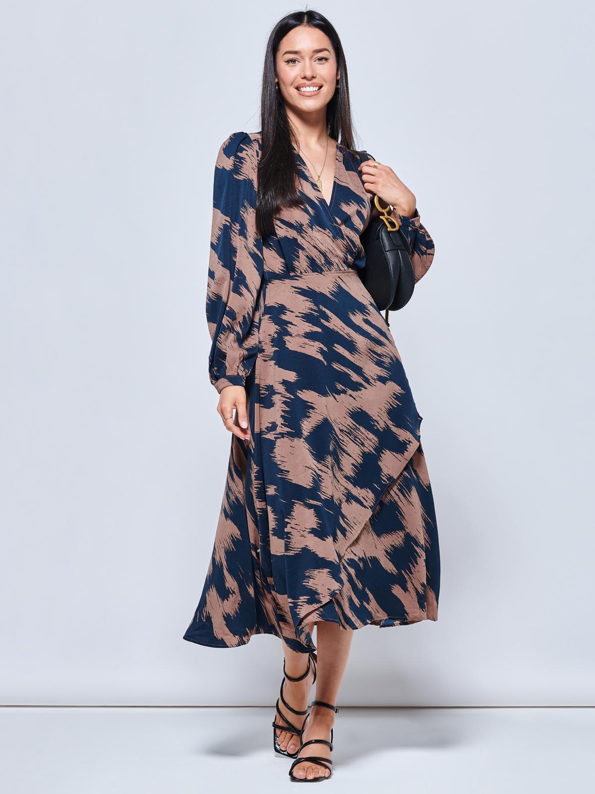 Abstract Print Sleeved Wrap Midi Dress, Abstract Multi