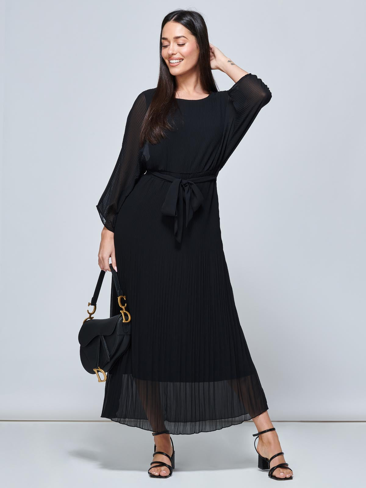 Lilyana Chiffon Pleated Maxi Dress, Black