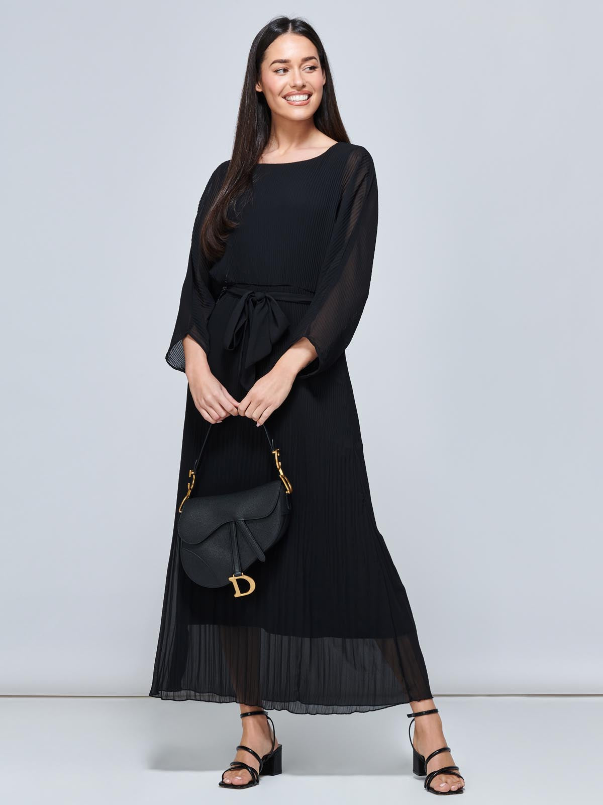 Lilyana Chiffon Pleated Maxi Dress, Black