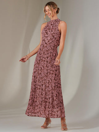 Chiffon Maxi Dress, Burgundy Pattern