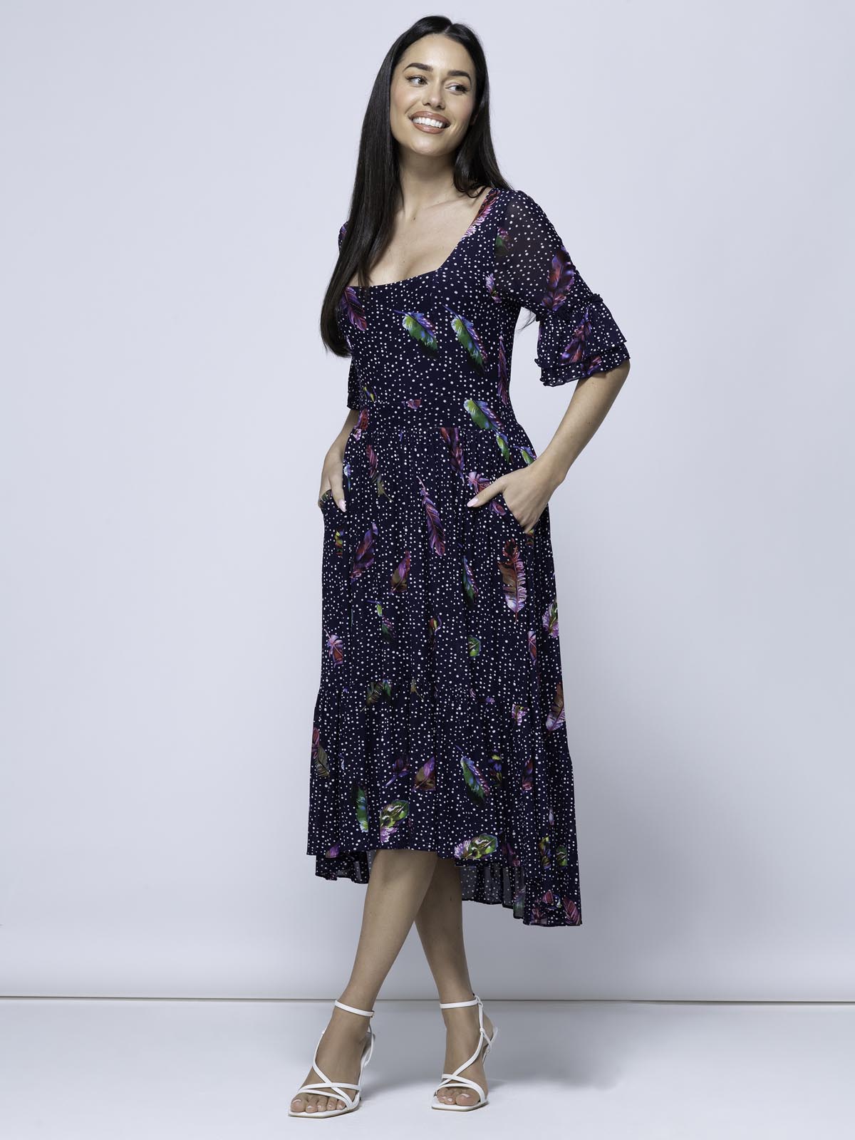 Aleia Mesh Print Square Neck Dress, Navy Feather