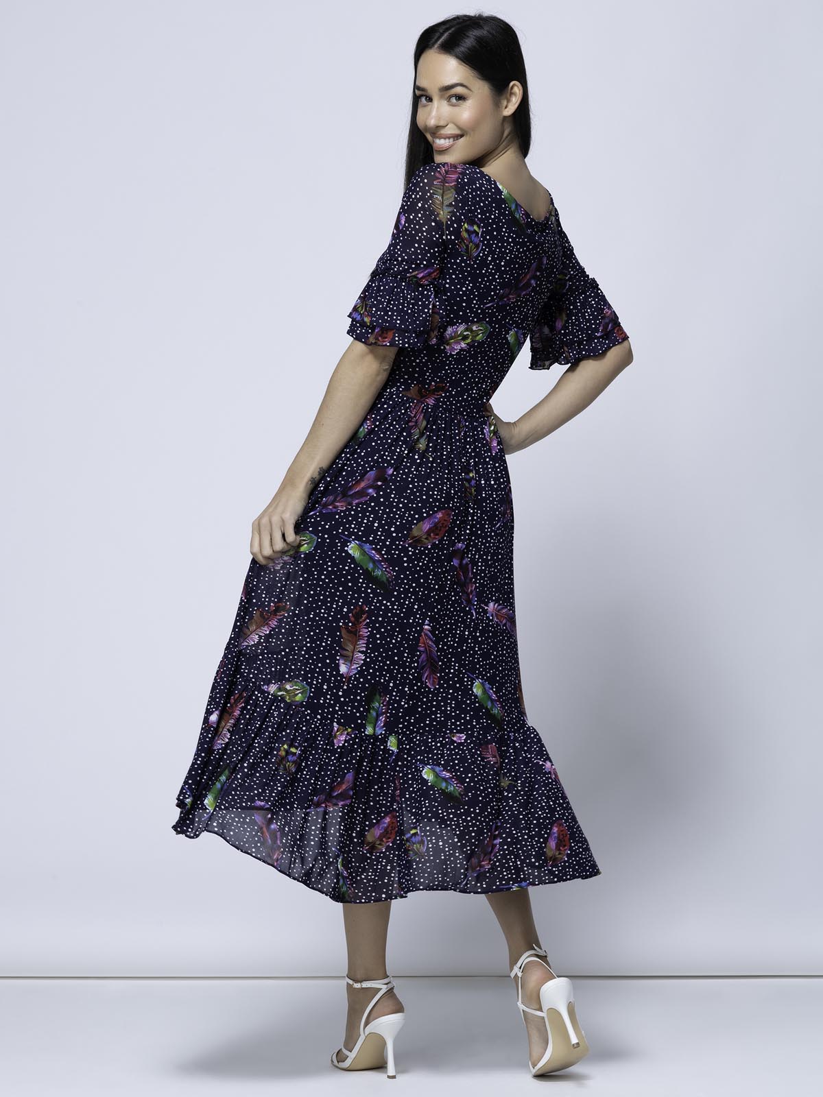 Aleia Mesh Print Square Neck Dress, Navy Feather