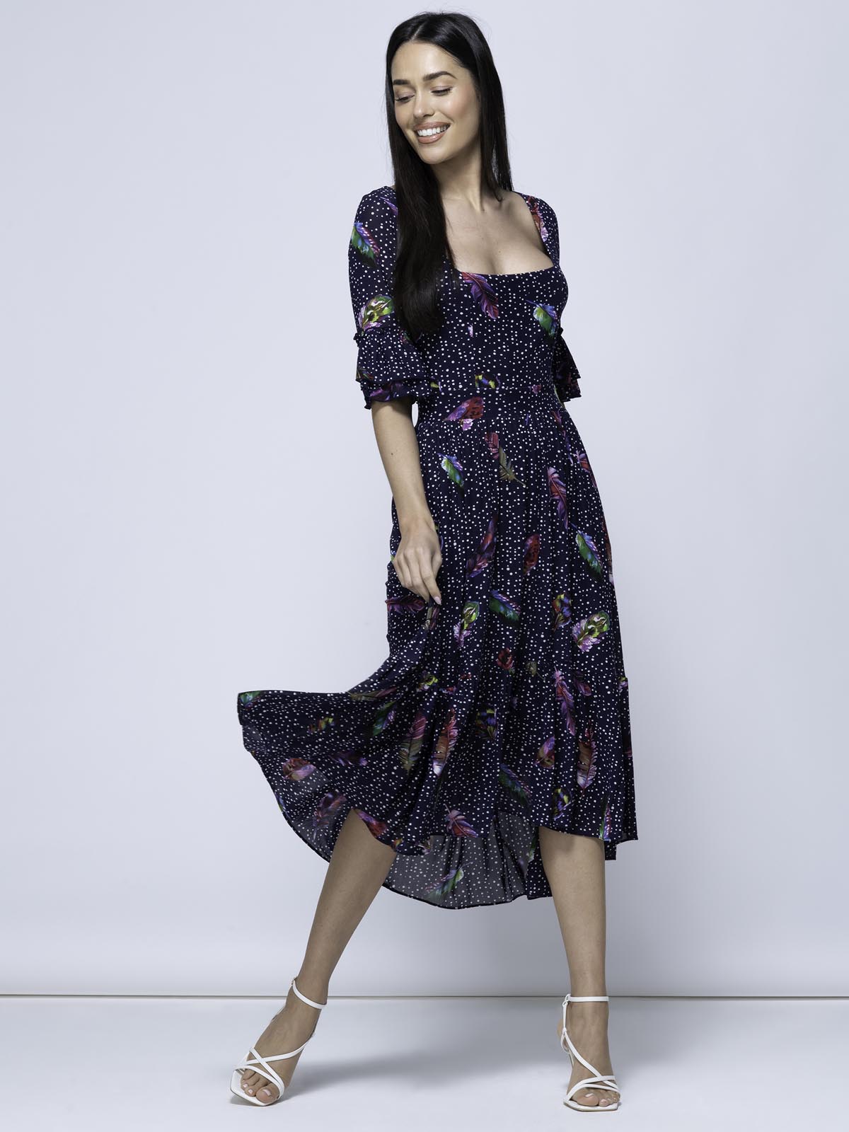 Aleia Mesh Print Square Neck Dress, Navy Feather