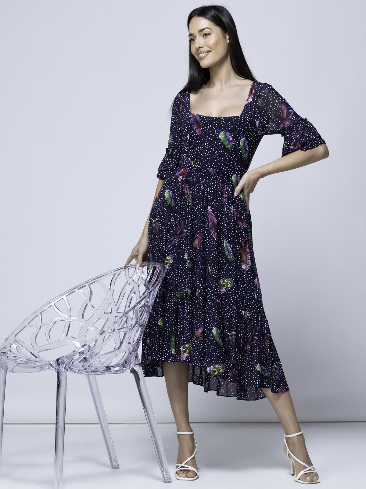 Aleia Mesh Print Square Neck Dress, Navy Feather