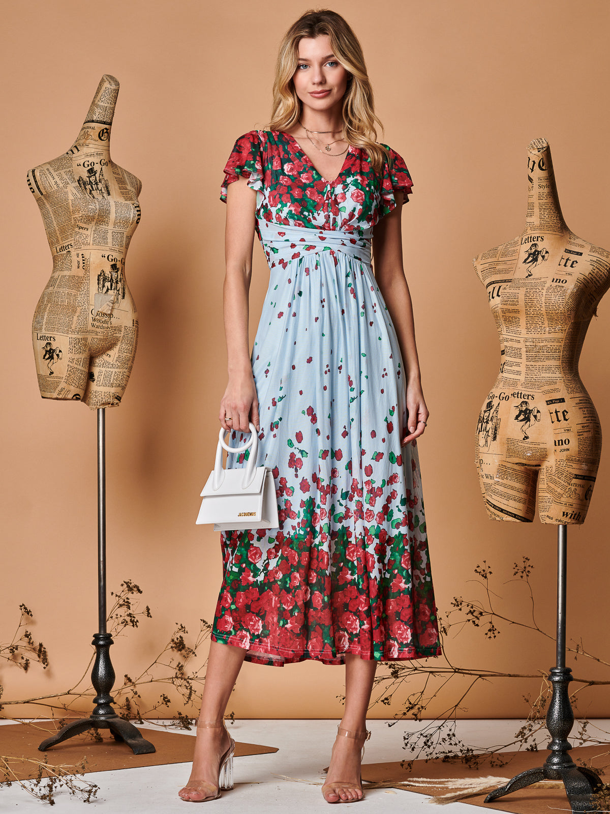 Symmetrical Floral Print Mesh Maxi Dress, Blue Multi