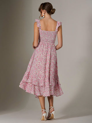 Ruffle Shirred Woven Midi Dress, Pink Floral