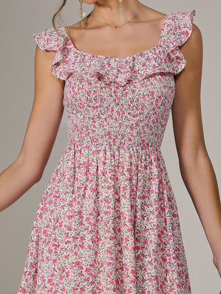 Ruffle Shirred Woven Midi Dress, Pink Floral