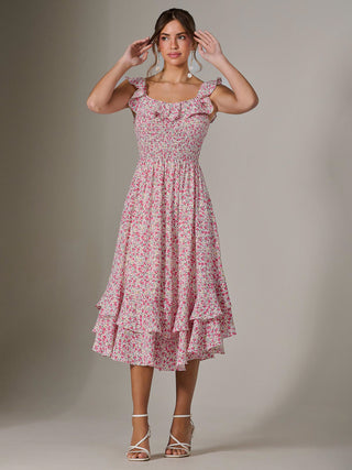 Ruffle Shirred Woven Midi Dress, Pink Floral