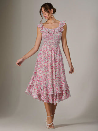 Ruffle Shirred Woven Midi Dress, Pink Floral