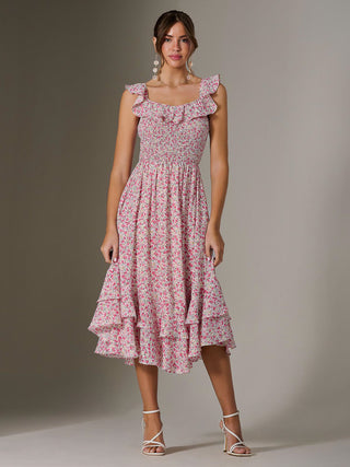 Ruffle Shirred Woven Midi Dress, Pink Floral