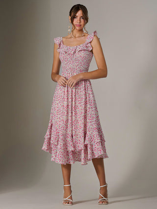 Ruffle Shirred Woven Midi Dress, Pink Floral