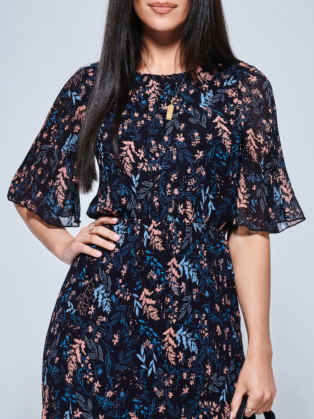 Quida Chiffon Pleated Maxi Dress, Navy Floral