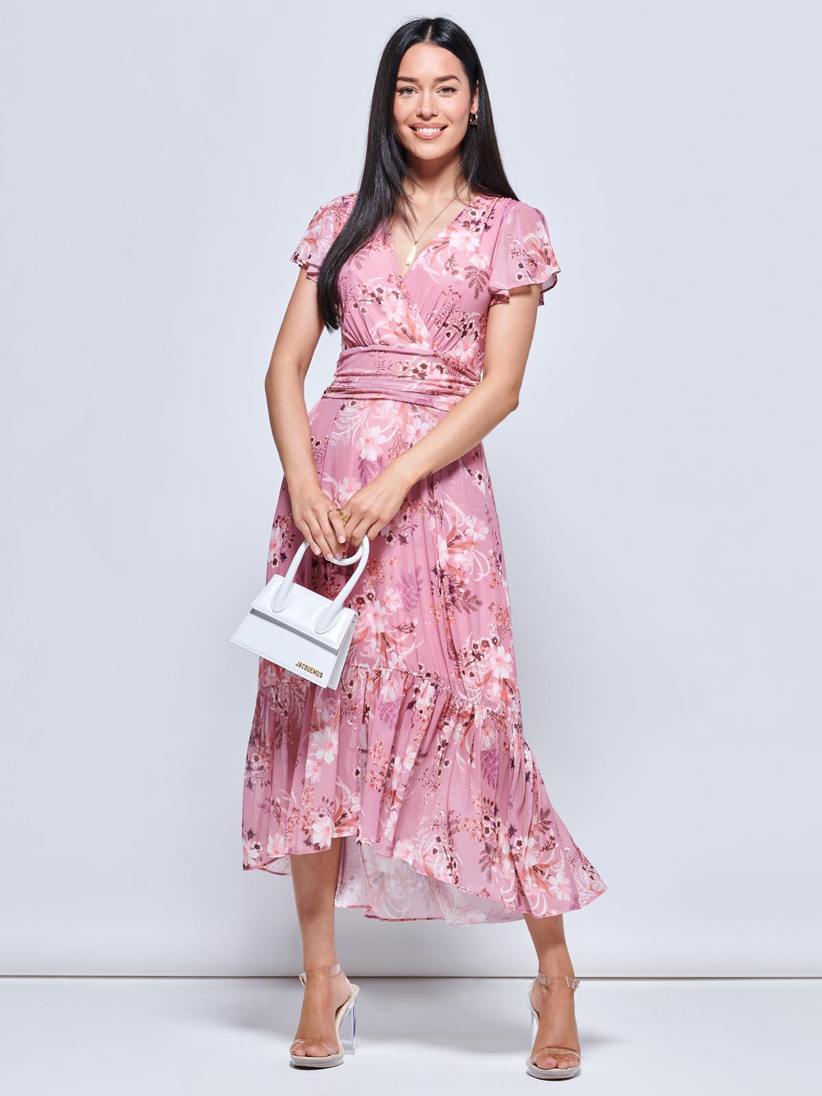 Carleigh Printed Mesh Tiered Maxi Dress, Pink Floral