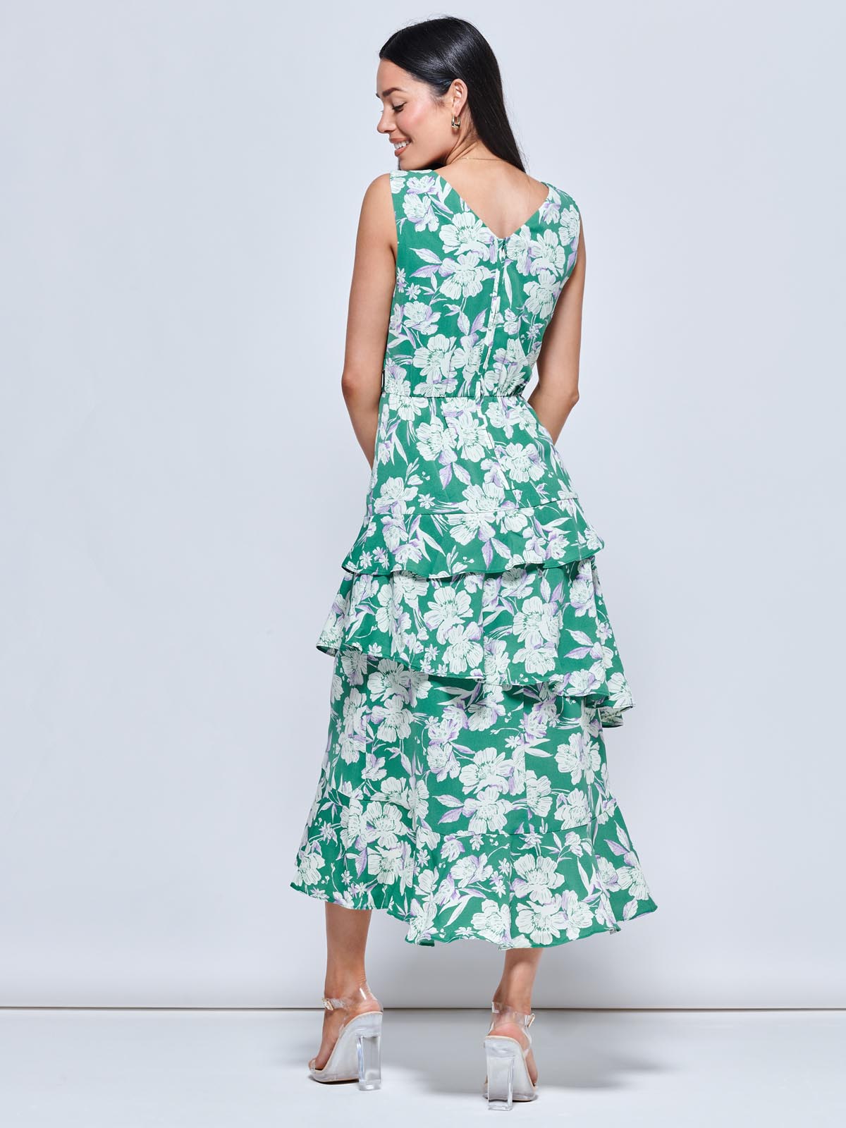 Della Crepe Frill Hem Maxi Dress, Green Floral