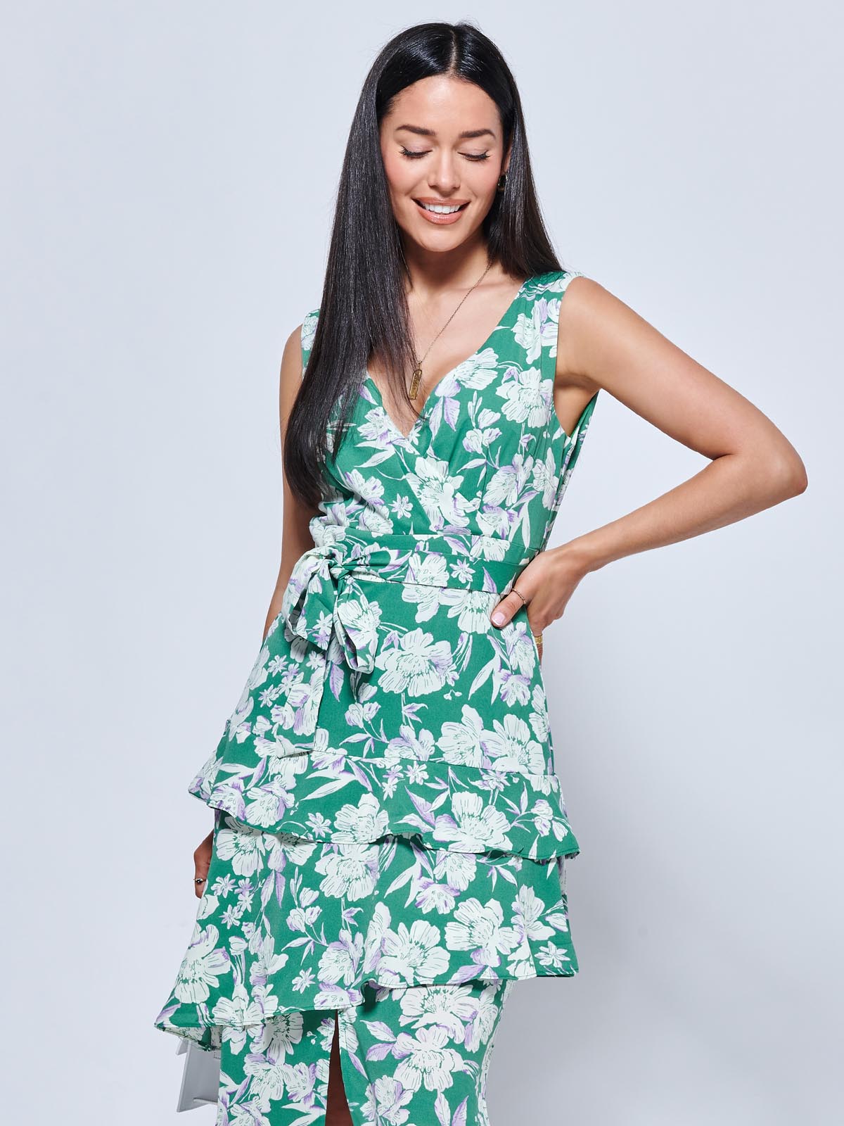 Della Crepe Frill Hem Maxi Dress, Green Floral