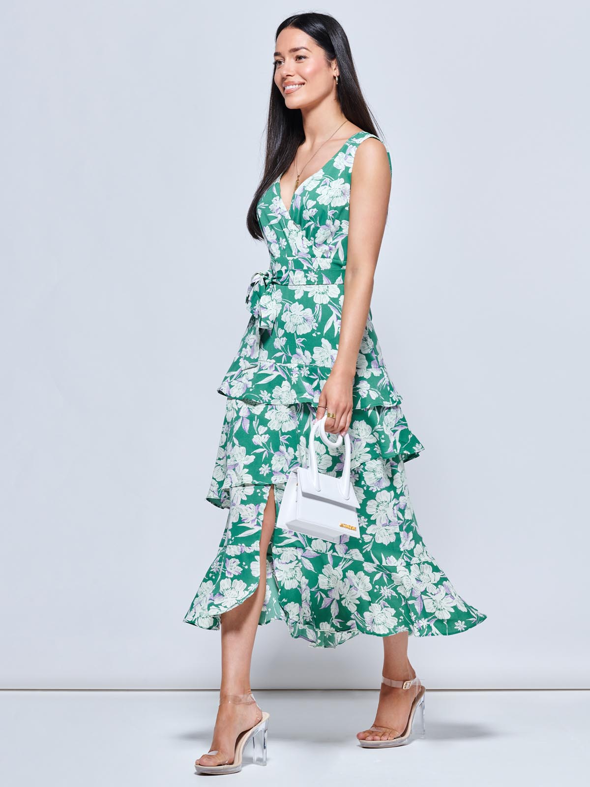 Della Crepe Frill Hem Maxi Dress, Green Floral
