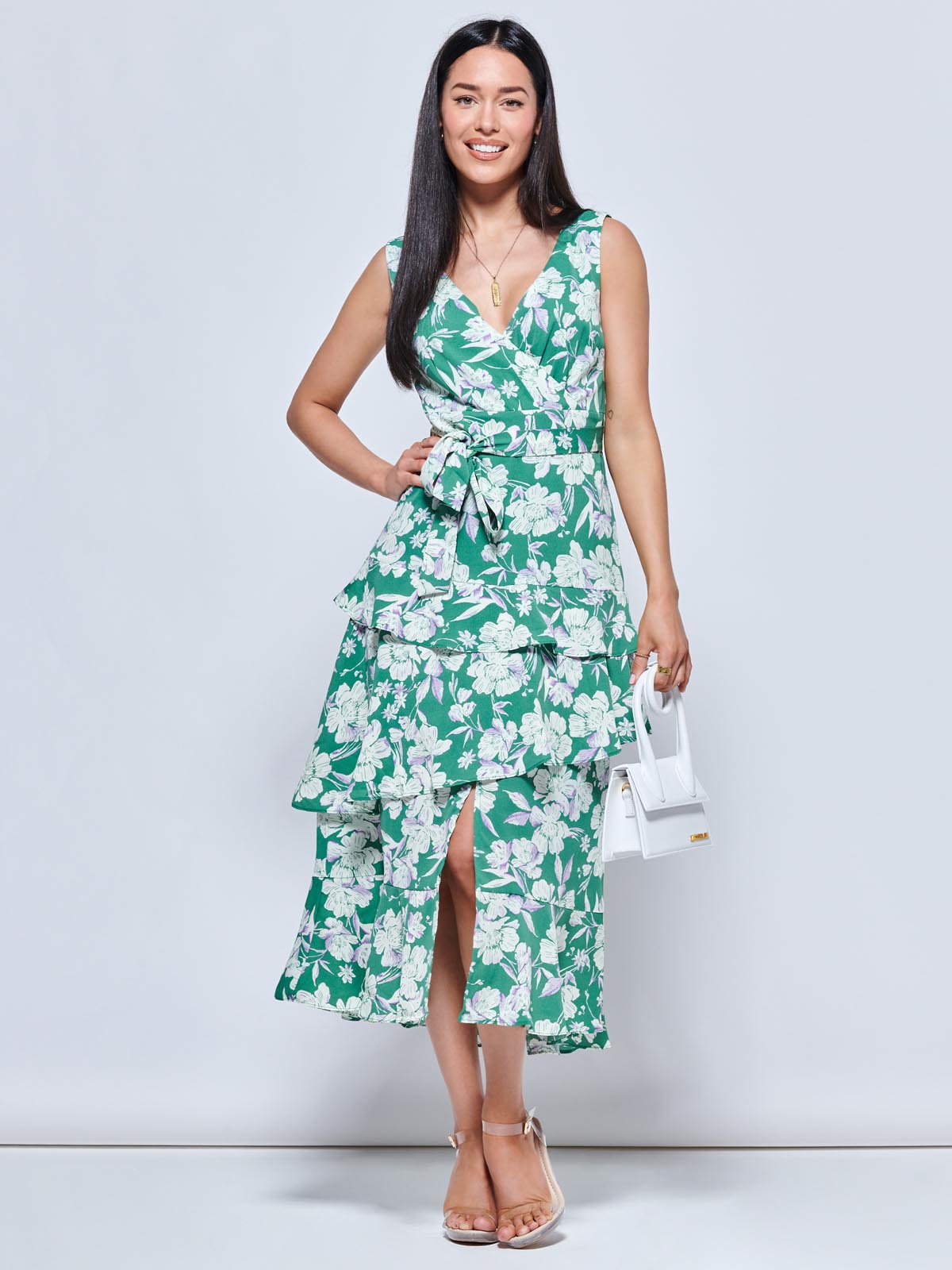 Della Crepe Frill Hem Maxi Dress, Green Floral
