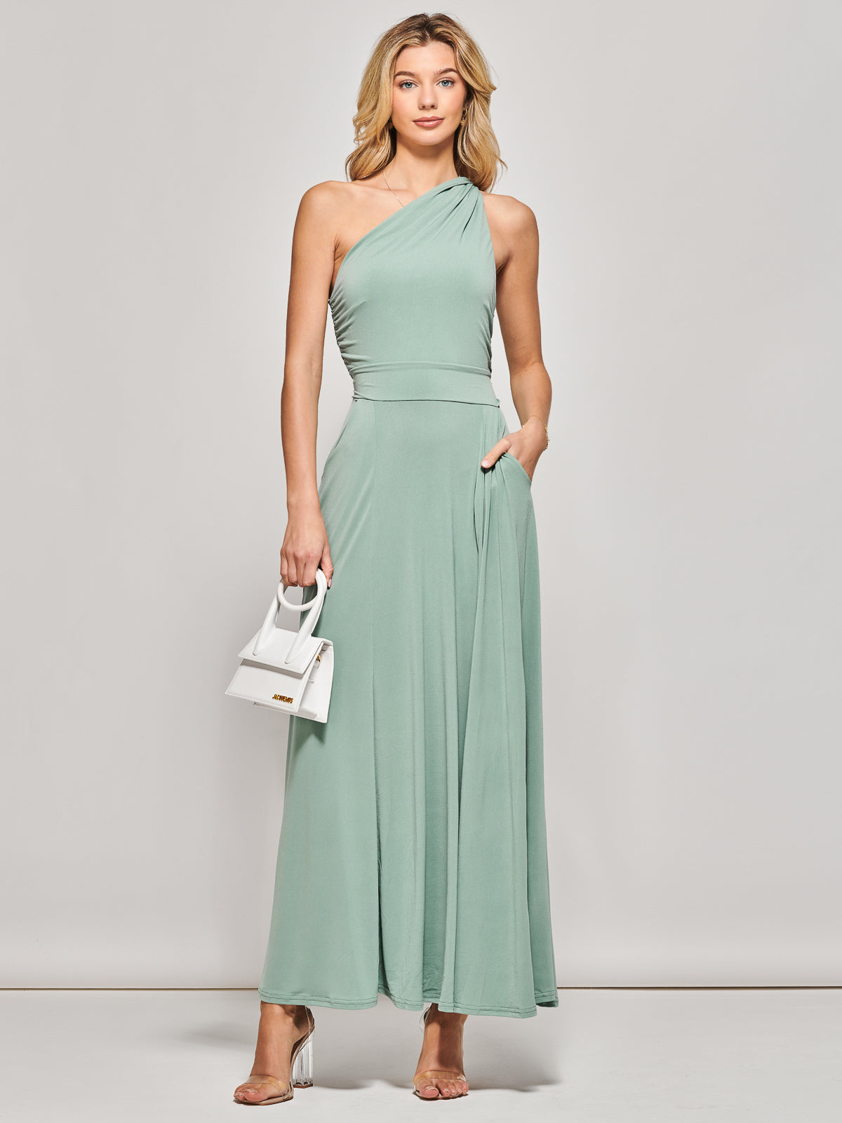 One Shoulder Jersey Maxi Dress, Green