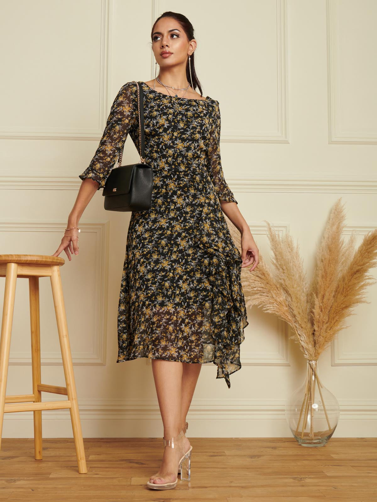 Floral Chiffon Frill Hem Midi dress, Black Multi