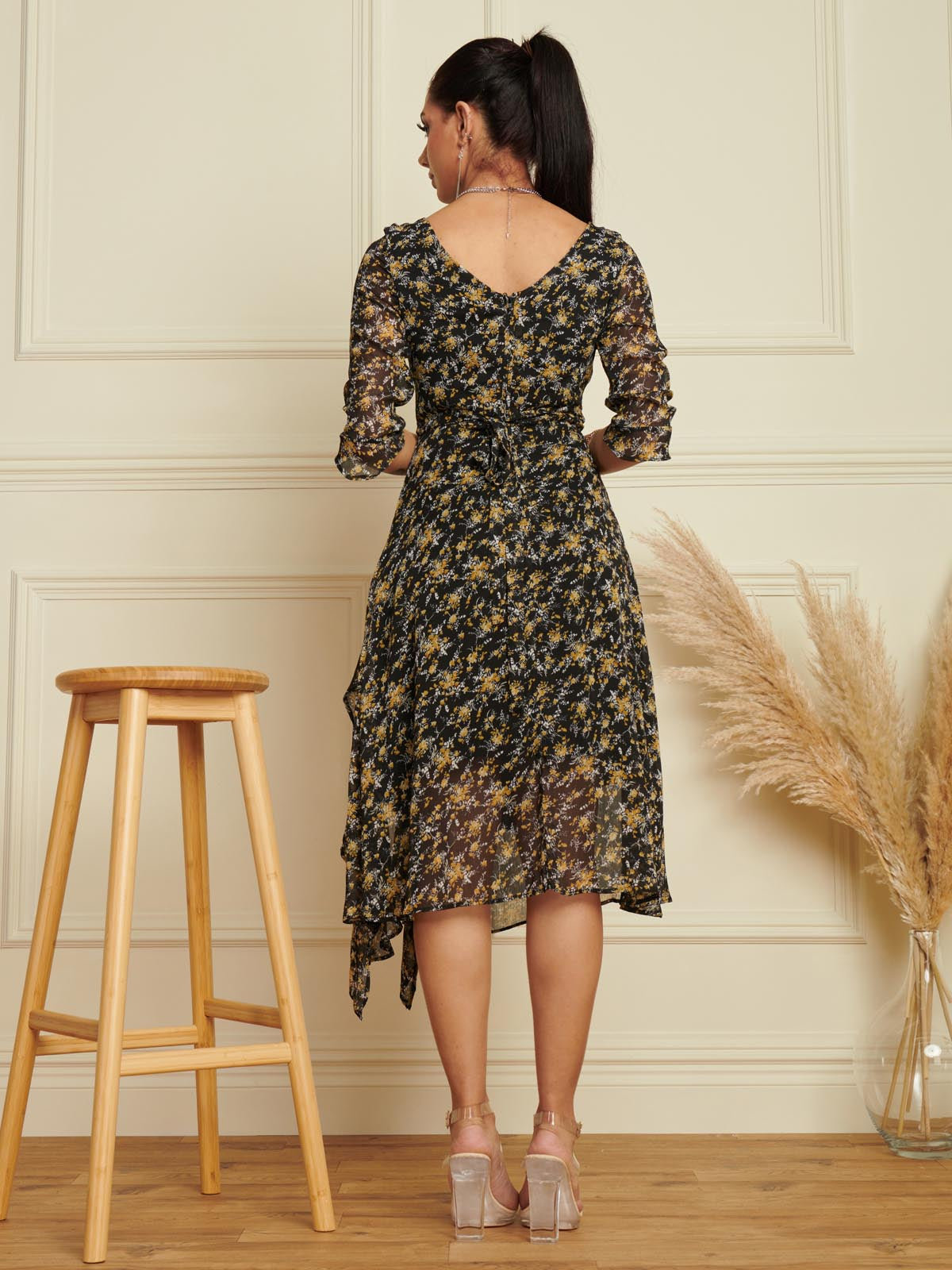 Floral Chiffon Frill Hem Midi dress, Black Multi