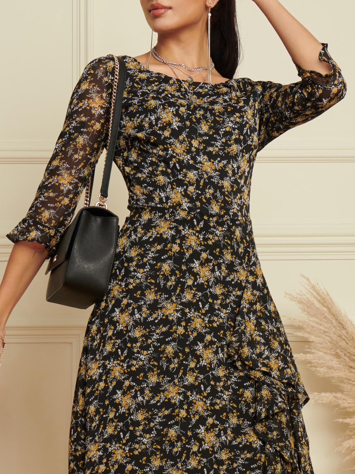 Floral Chiffon Frill Hem Midi dress, Black Multi
