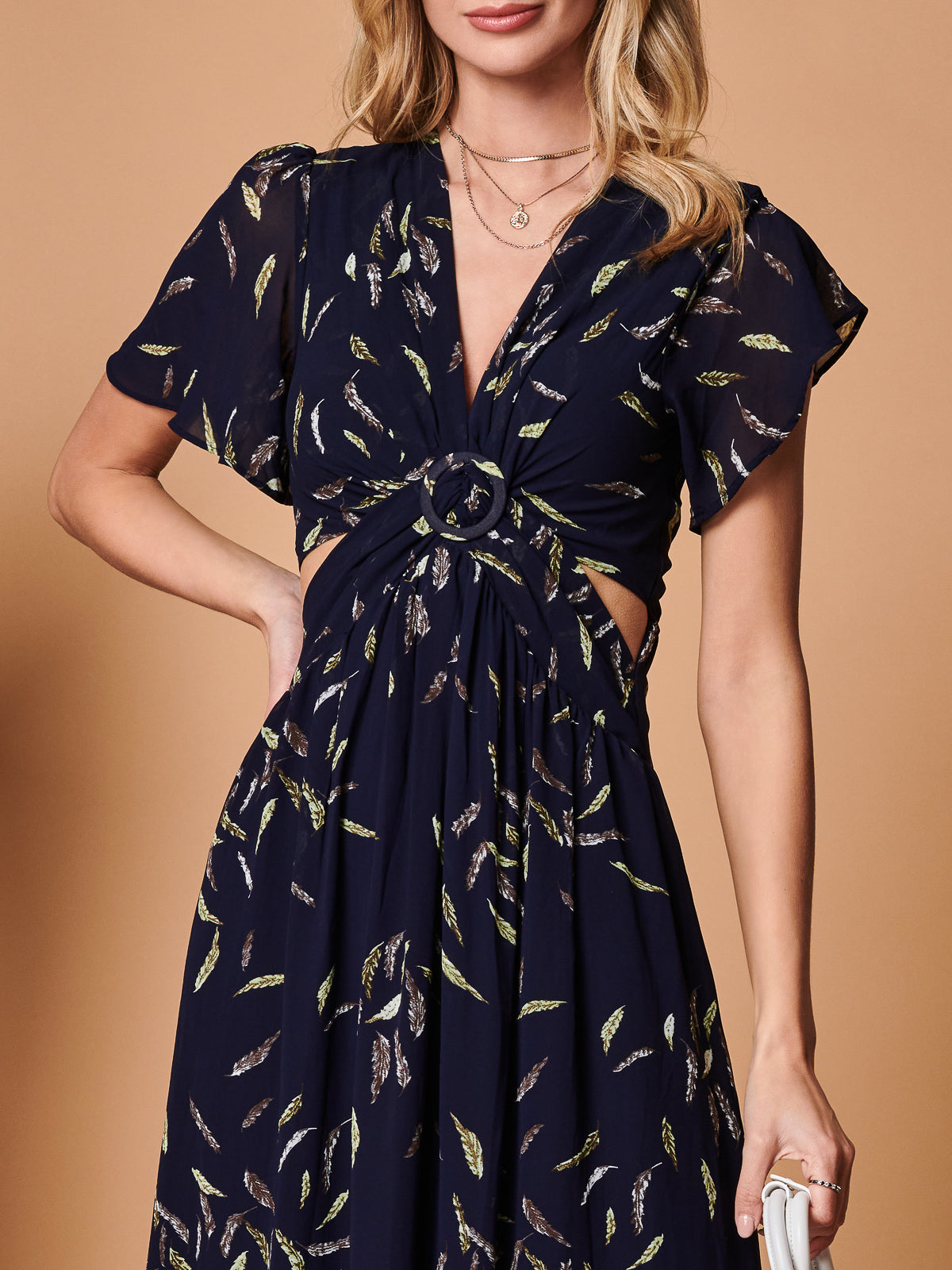 Plunge Neckline Keyhole Chiffon Maxi Dress, Navy Feather