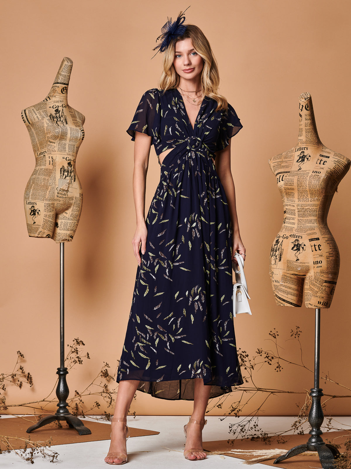 Plunge Neckline Keyhole Chiffon Maxi Dress, Navy Feather