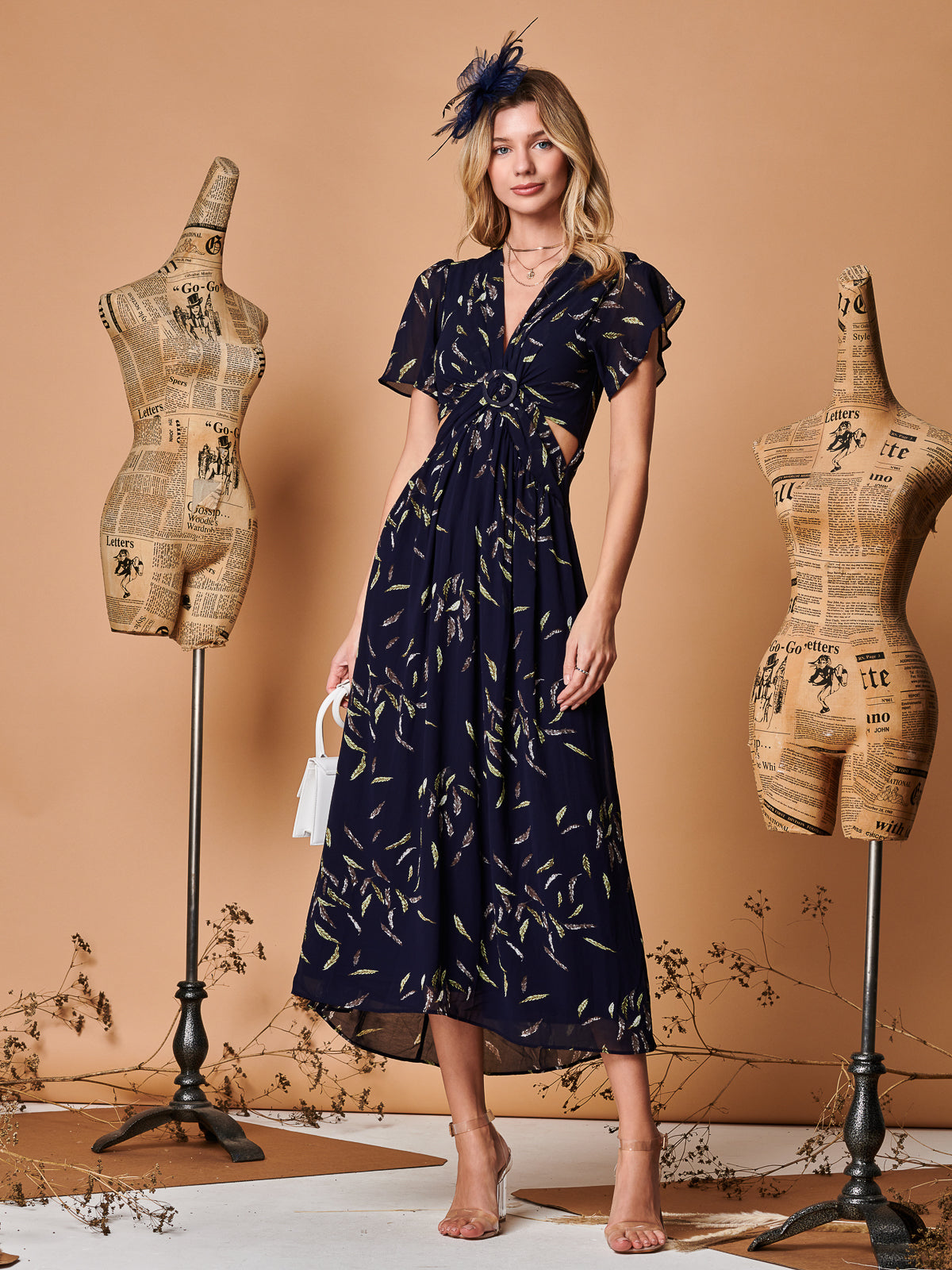 Plunge Neckline Keyhole Chiffon Maxi Dress, Navy Feather