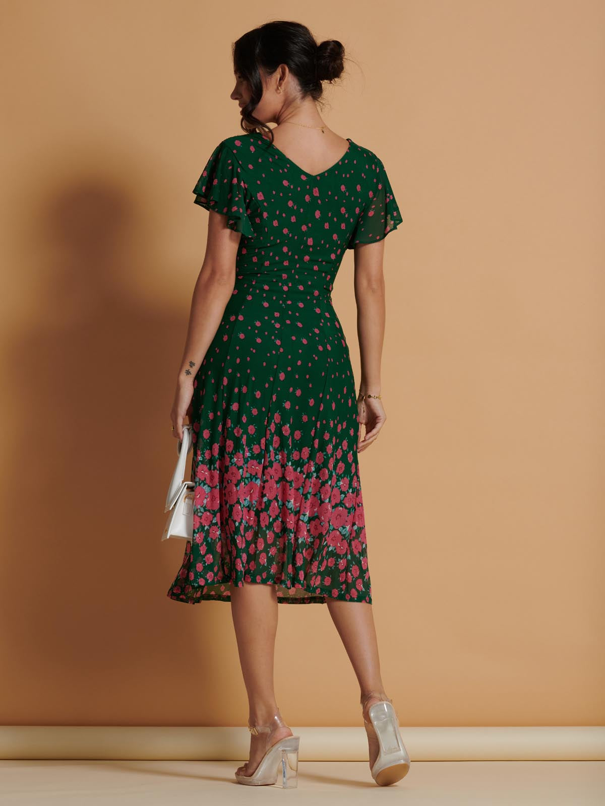 Mirrored Mesh Fit & Flare Midi Dress, Green Floral