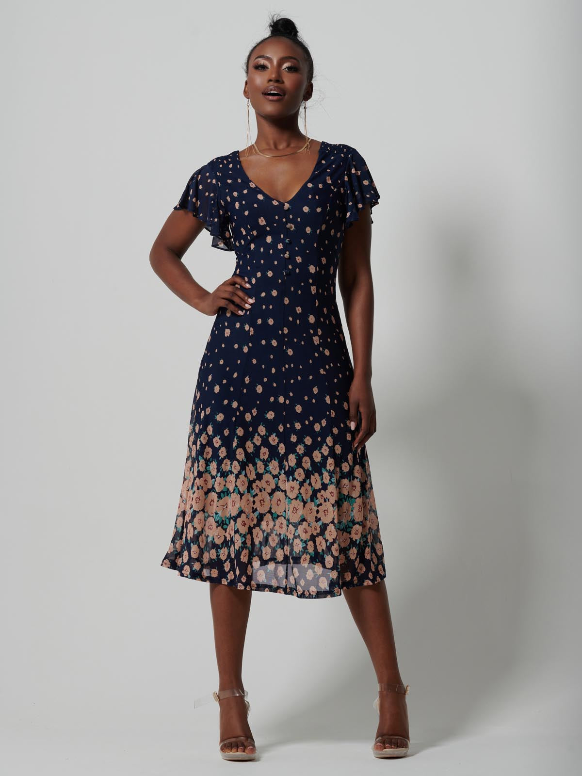 Mirrored Mesh Fit & Flare Midi Dress, Navy Floral