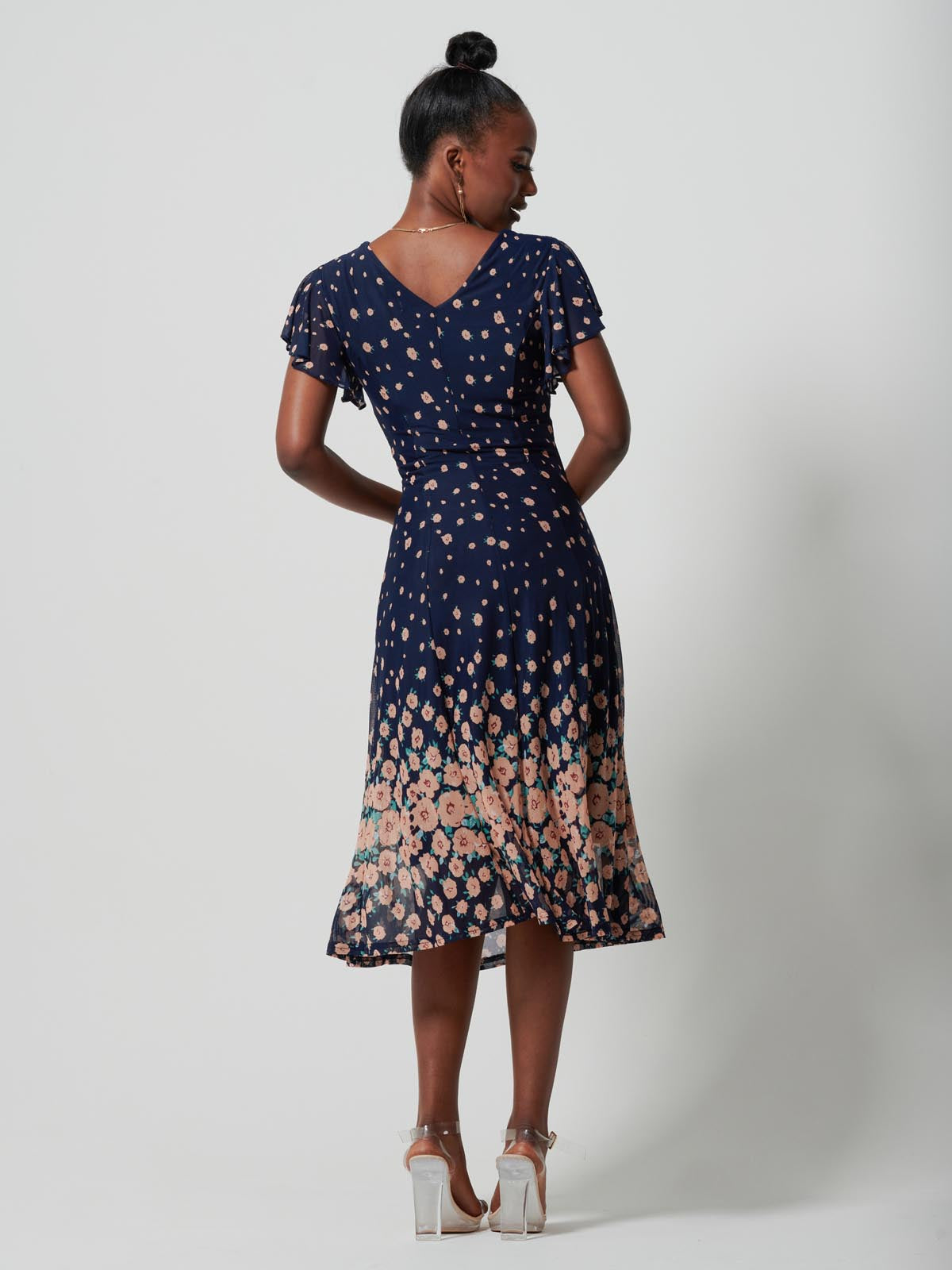 Mirrored Mesh Fit & Flare Midi Dress, Navy Floral