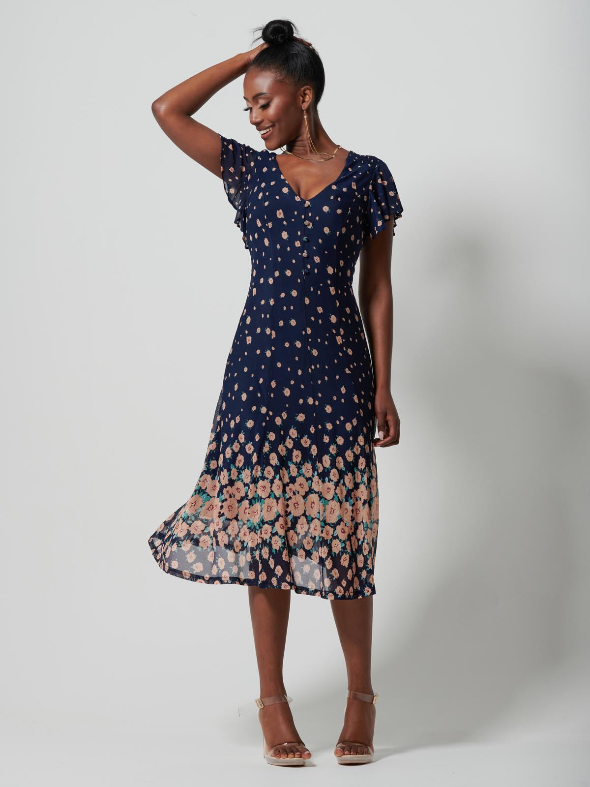 Mirrored Mesh Fit & Flare Midi Dress, Navy Floral