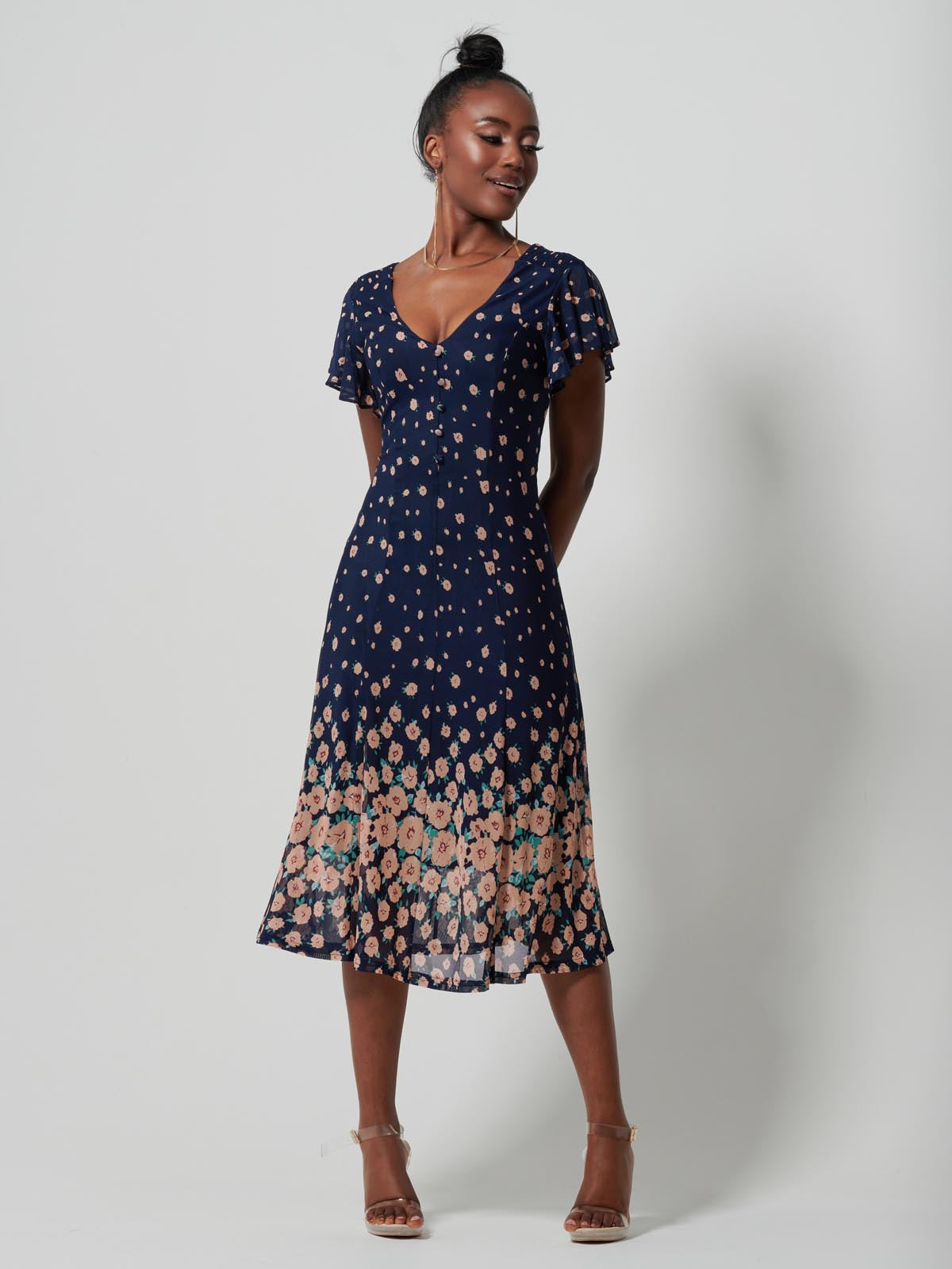 Mirrored Mesh Fit & Flare Midi Dress, Navy Floral