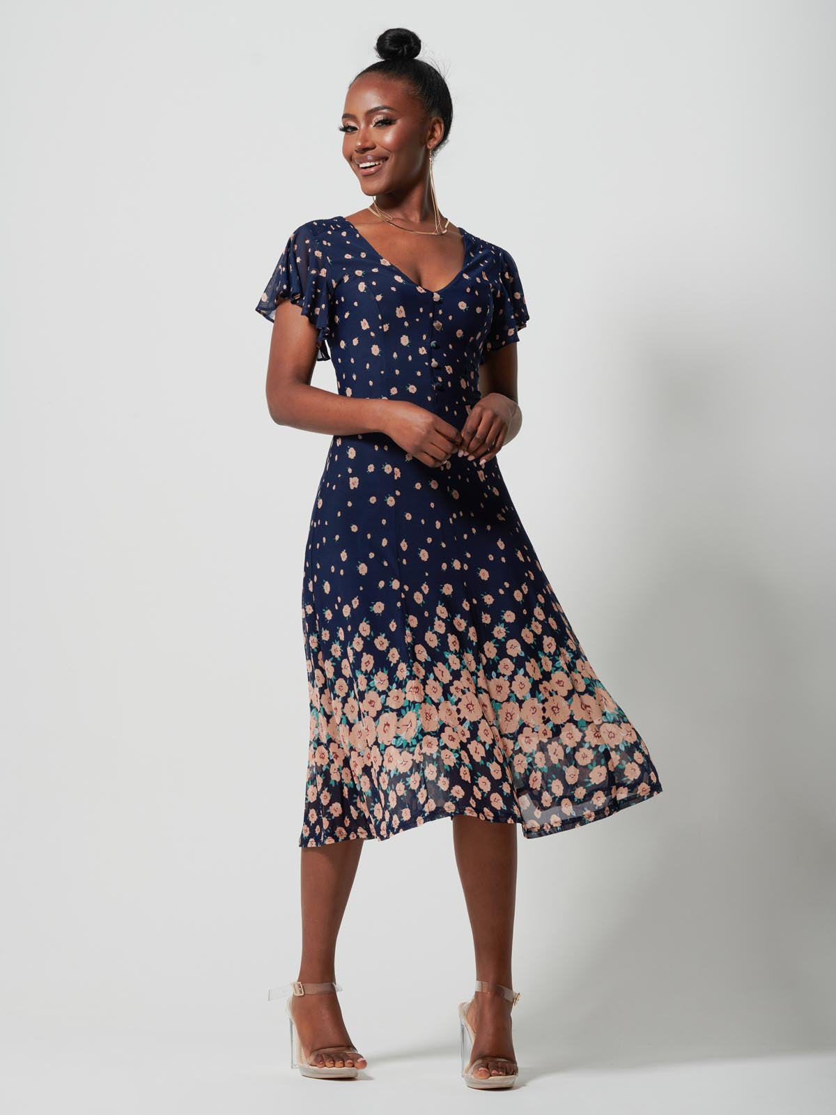 Mirrored Mesh Fit & Flare Midi Dress, Navy Floral