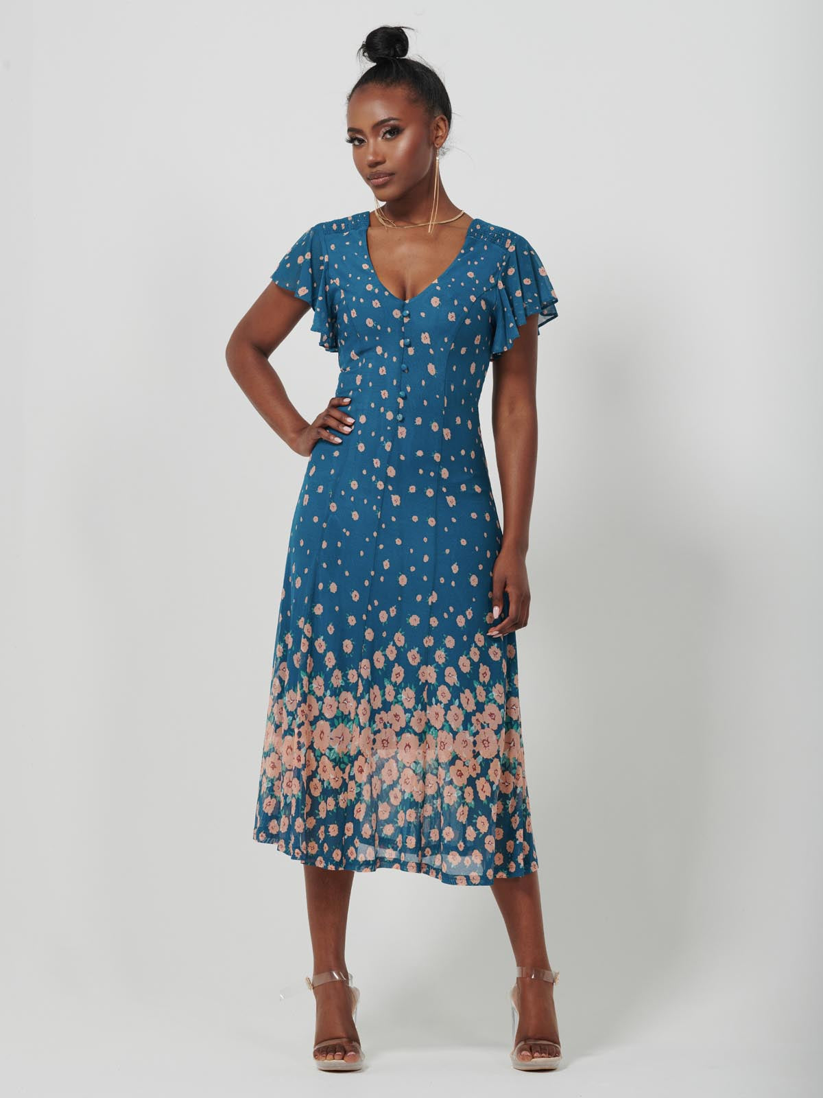 Mirrored Mesh Fit & Flare Midi Dress, Teal Floral
