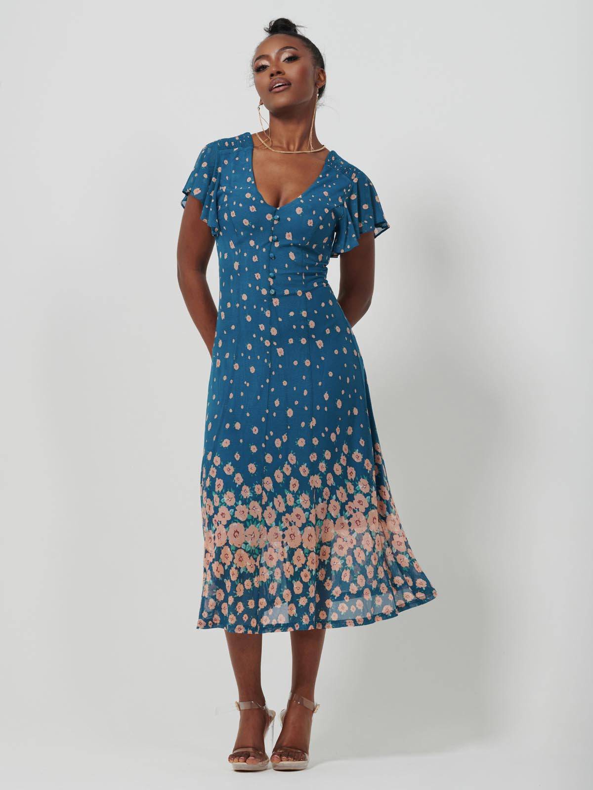 Mirrored Mesh Fit & Flare Midi Dress, Teal Floral