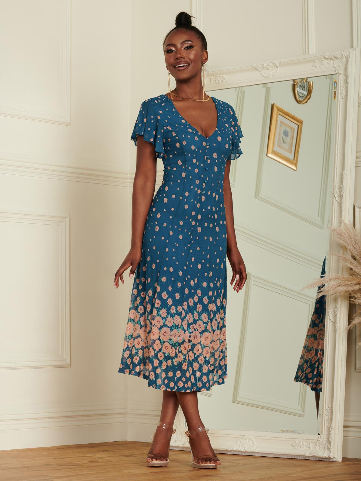 Mirrored Mesh Fit & Flare Midi Dress, Teal Floral