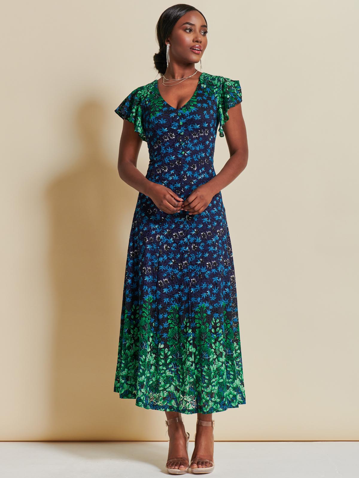 Mirrored Print Lace Maxi Dress, Green Multi
