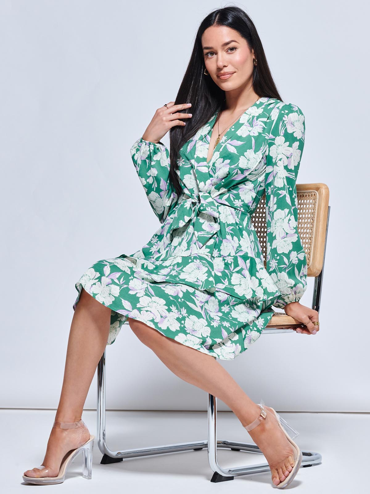 Casey Long Sleeve Tie Front Dress, Green Floral