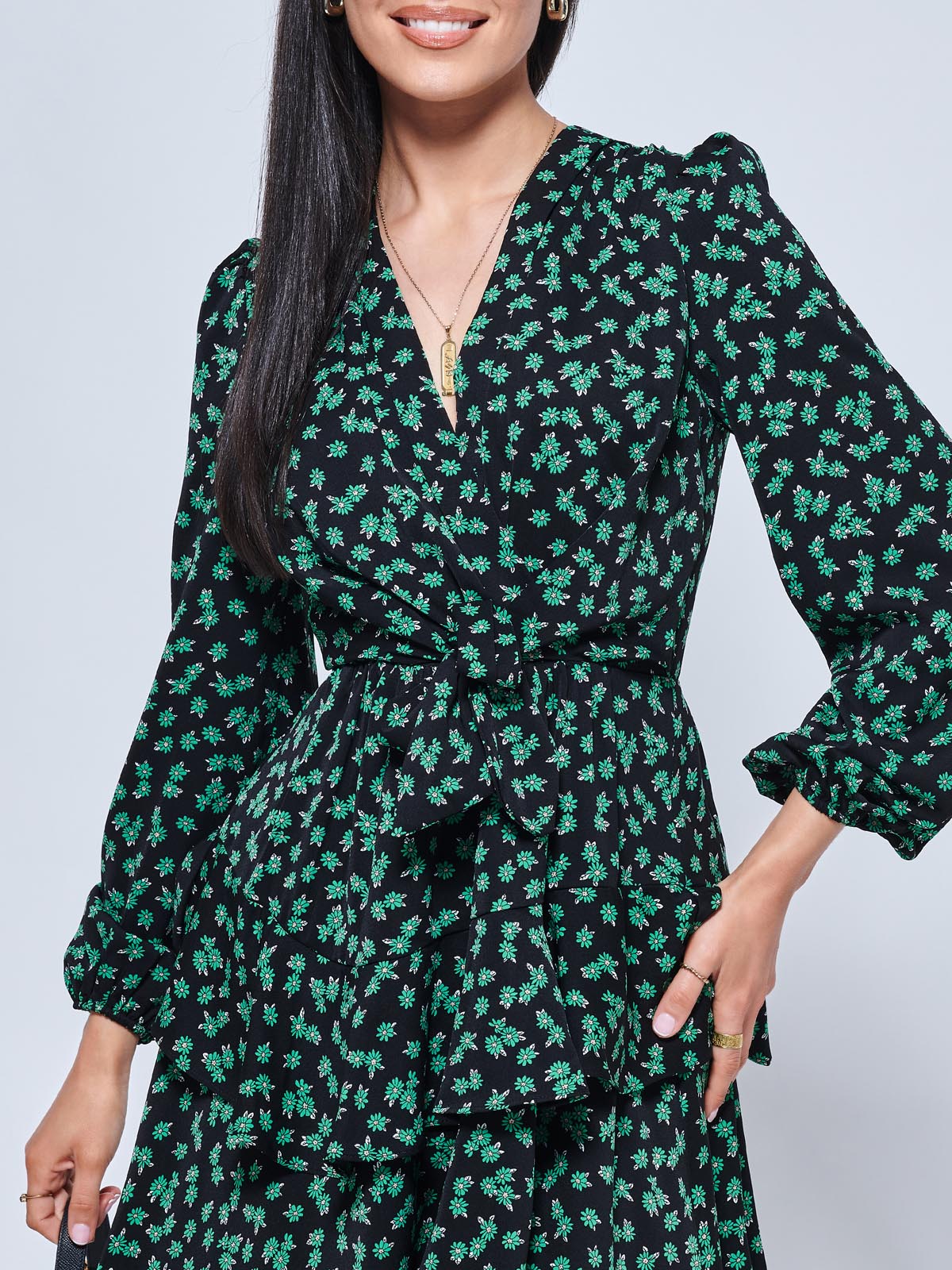 Casey Long Sleeve Tie Front Dress, Navy Floral