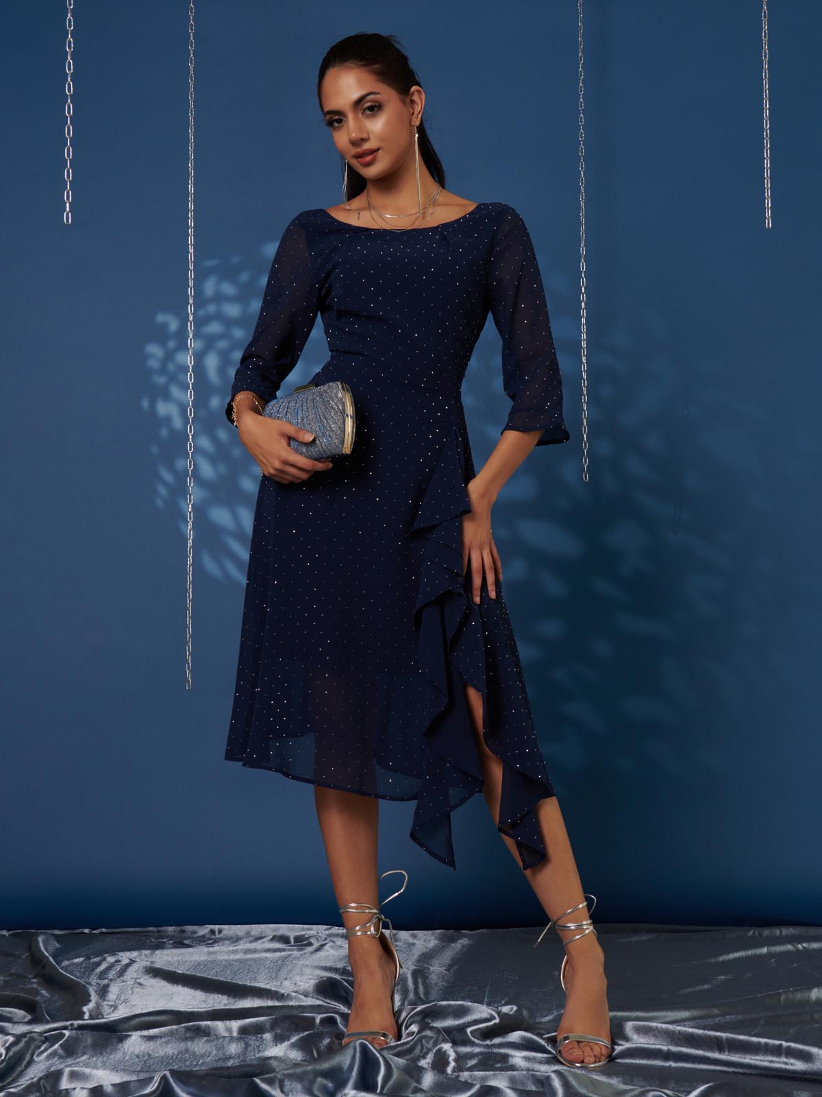 Diamante Embellished Chiffon Midi Dress, Navy