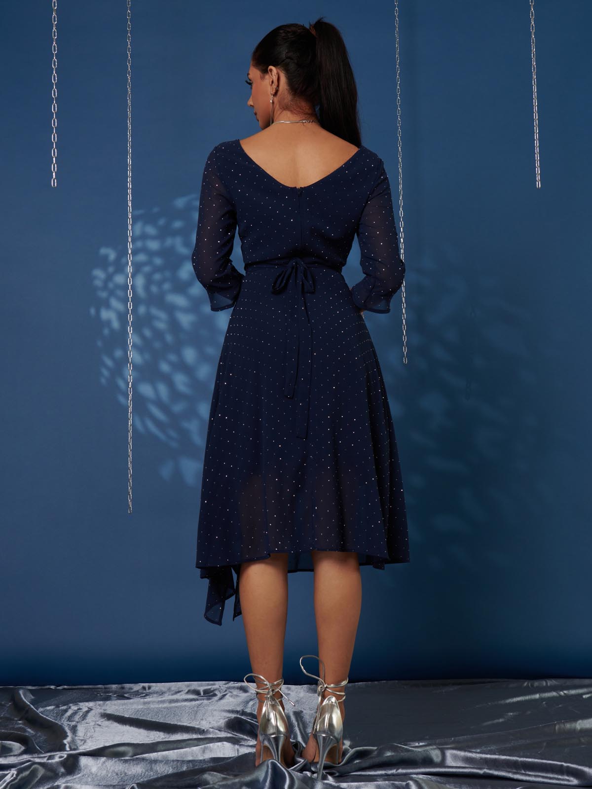 Diamante Embellished Chiffon Midi Dress, Navy