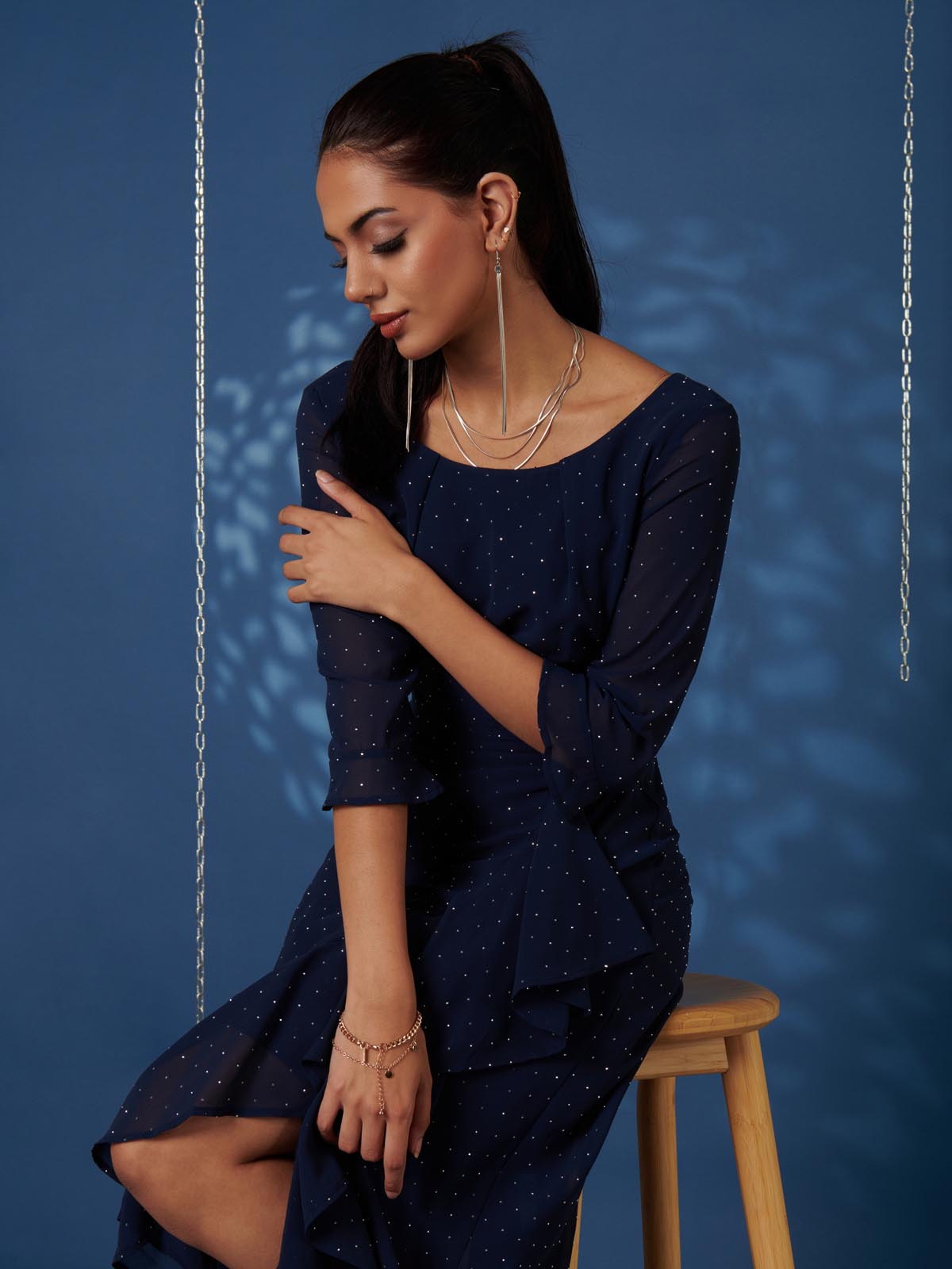 Diamante Embellished Chiffon Midi Dress, Navy