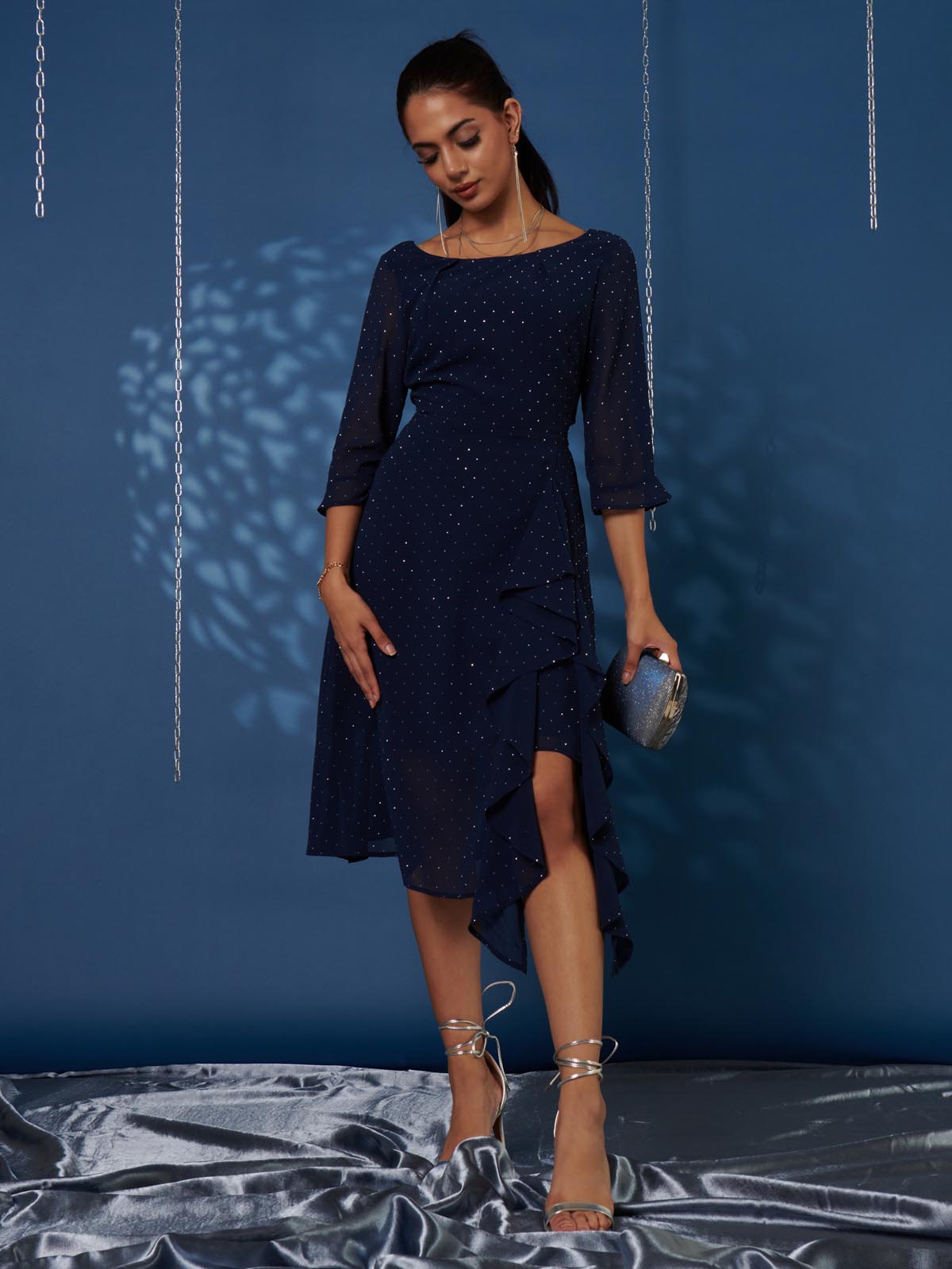 Diamante Embellished Chiffon Midi Dress, Navy