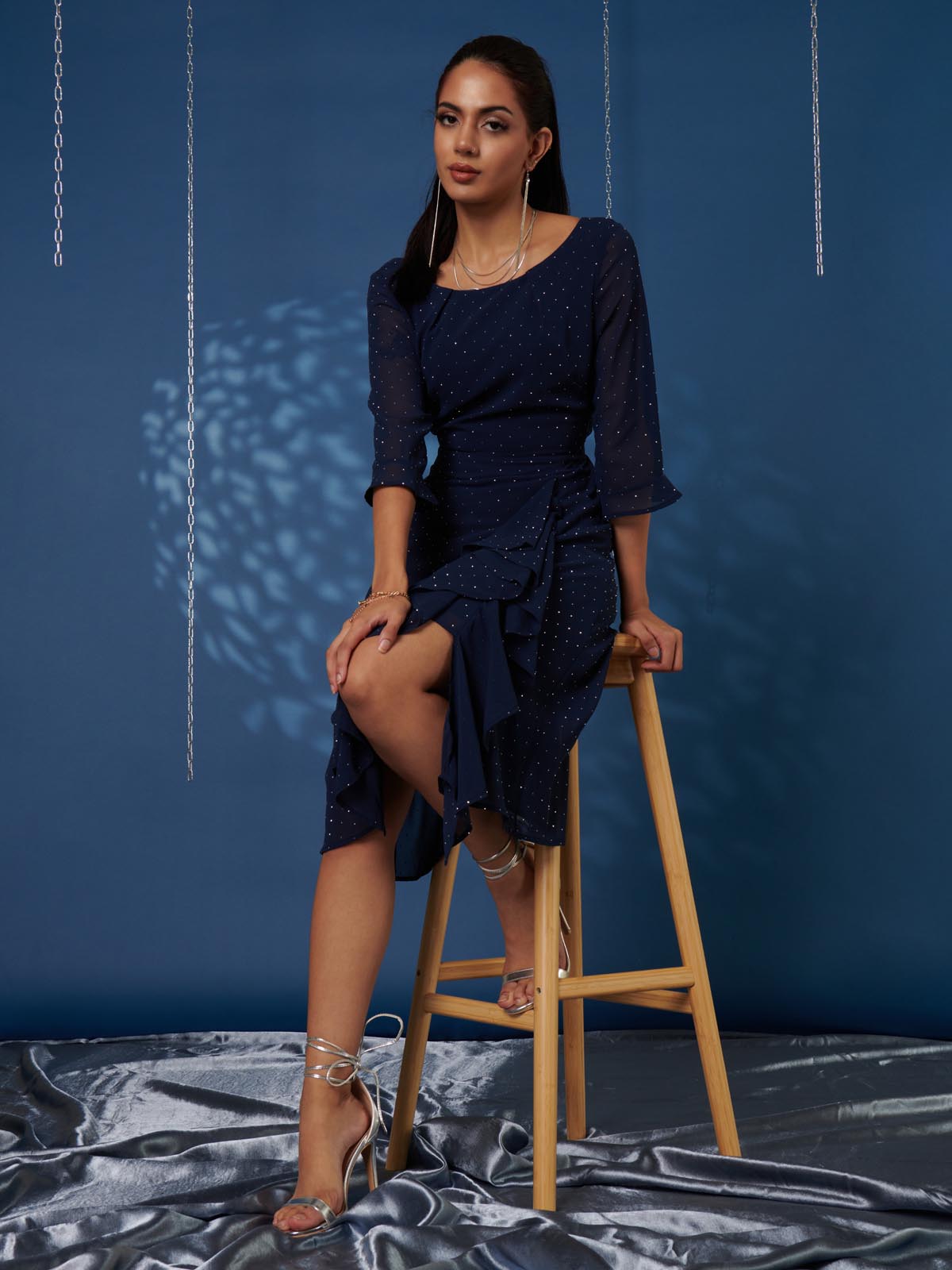 Diamante Embellished Chiffon Midi Dress, Navy