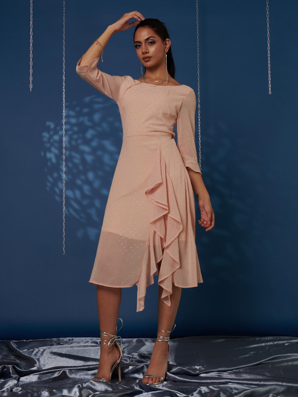 Diamante Embellished Chiffon Midi Dress, Nude